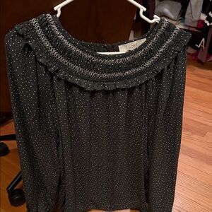 LOFT Dark Gray Polka Dot Blouse medium